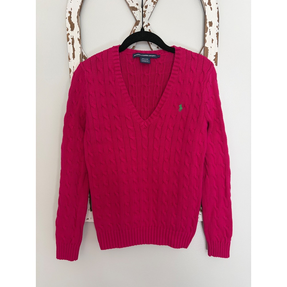 Ralph Lauren Sport cable knit v-neck sweater classic embroidered green logo Sz L